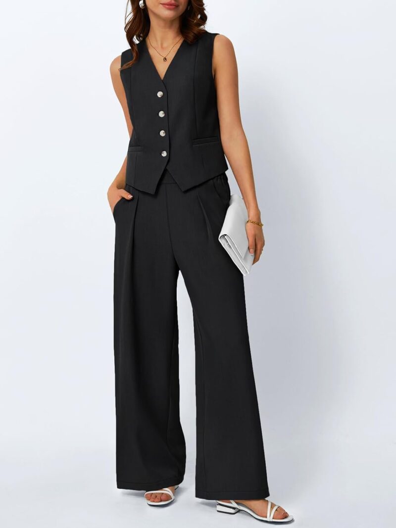 Women V Neck Twill Tailored Blazer Sleeveless Vest Two 2 Piece Set Wide Leg Pant Suit - Image 2