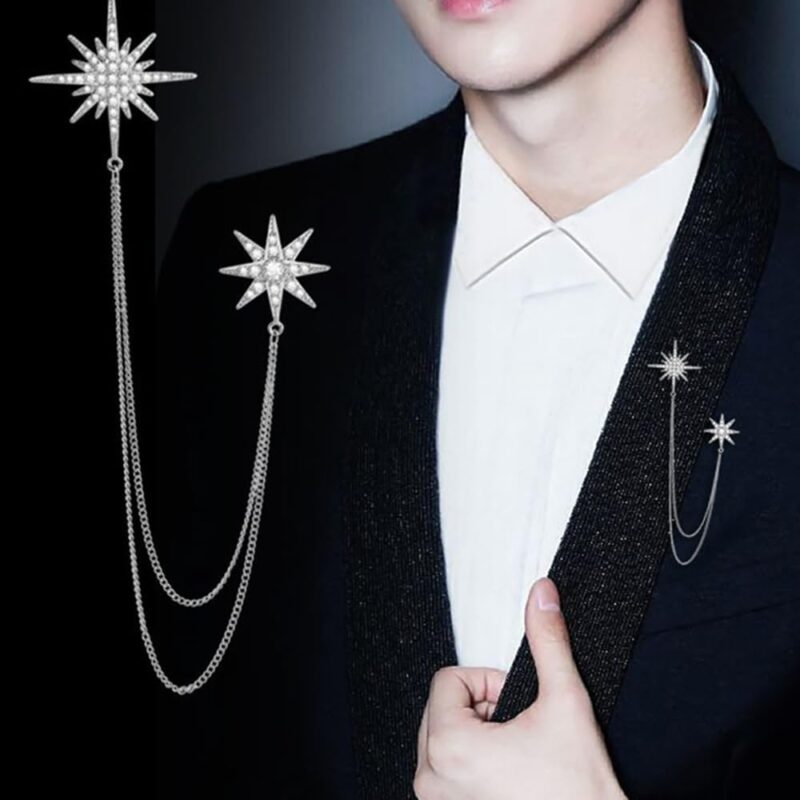 Silver Rhinestone Star Brooch for Women Girls Men Fashion Crystal Snowflake Tassel Lapel Pins Dress Suit Accessories Bouquet Dainty Jewelry Winter Holiday Dancing Party Ceremony Banquet Decoration Gift - Image 2
