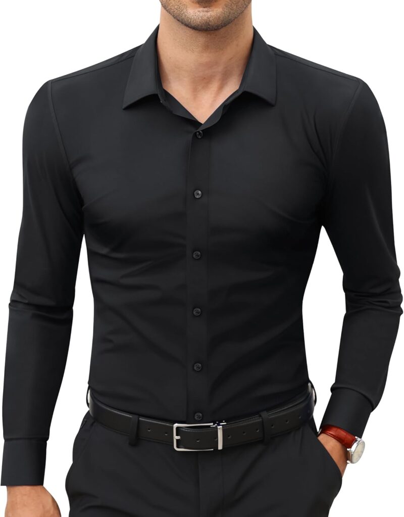 Stretch Men Dress Shirts Long Sleeve Slim Fit Dress Shirts for Men Muscle Fit Wrinkle Free Button Down Shirt