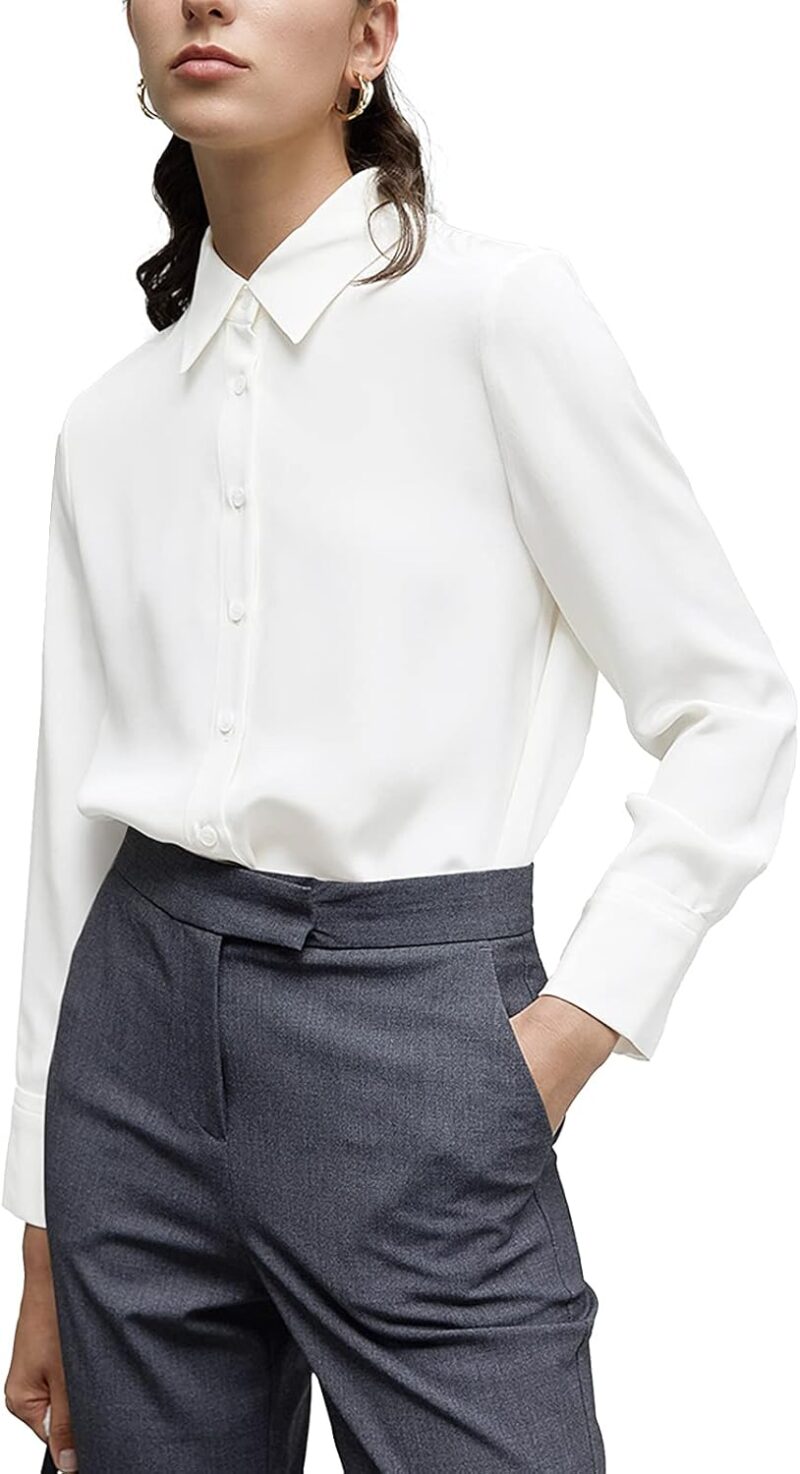 Women Button Down Shirt Classic Long Sleeve Collared Tops Work Office Chiffon Blouse - Image 2
