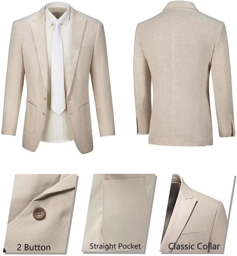 Men Linen Suits 2 Piece Beach Wedding Blazer Summer Grooms Classic Lightweight Breathable Jacket Pants - Image 2