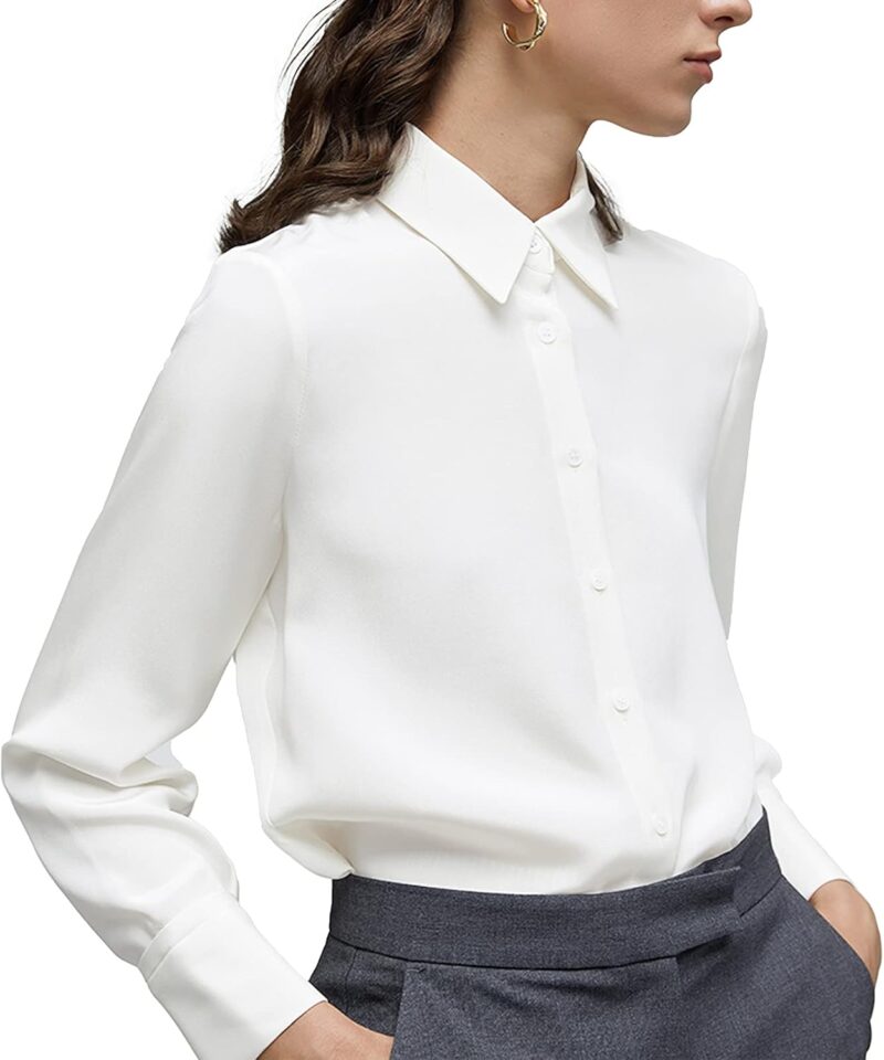 Women Button Down Shirt Classic Long Sleeve Collared Tops Work Office Chiffon Blouse