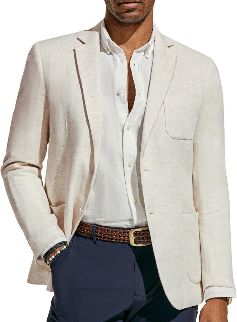 Men Blazer Jacket Cotton Linen Sports Coats Regular Fit Two Buttons Herringbone Suit Jackets