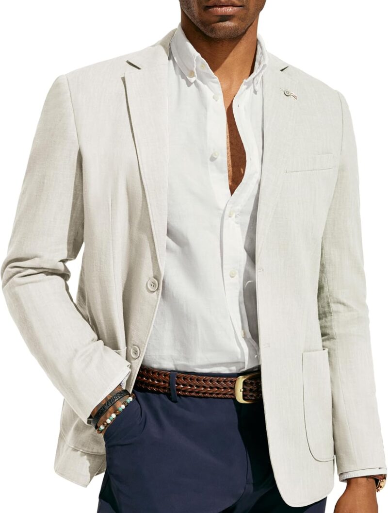 Men Blazer Casual Cotton-Linen Sport Coat Lightweight 2 Button Unlined Suit Jackets